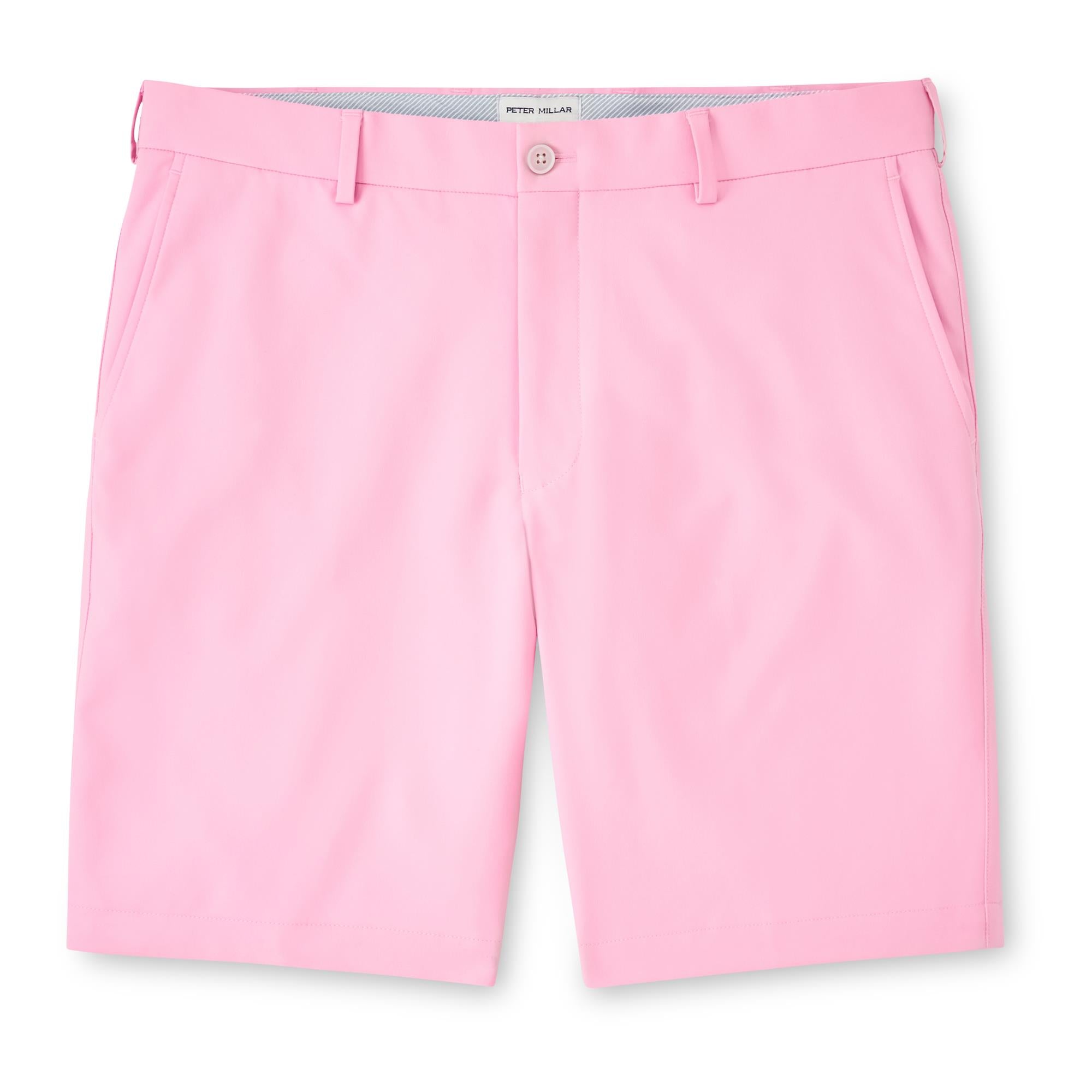 Flatlay of Peter Millar Salem High Drape Performance Shorts in Pink Vale – luxury mens golf shorts